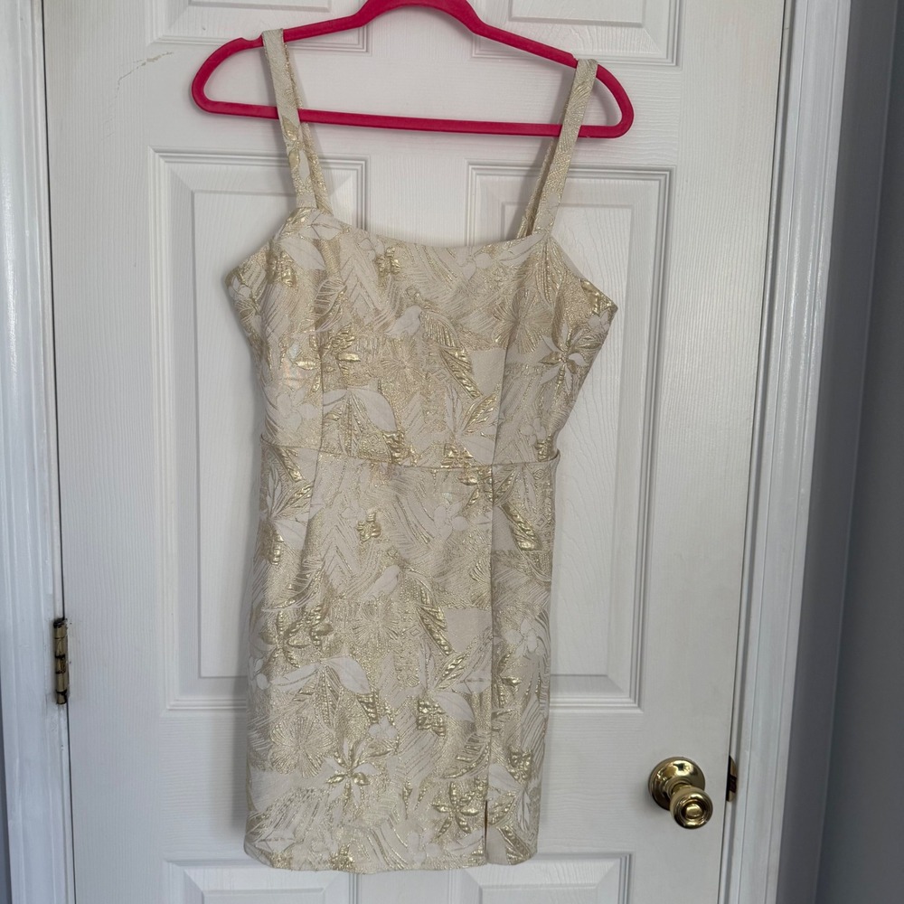 Lulus Gold Cream Brocade Mini Dress Floral Metallic Cocktail Med Tropical Glam